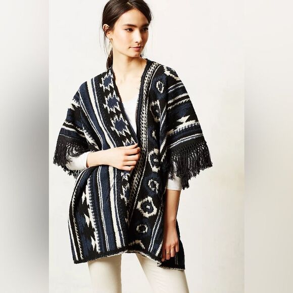 Anthropologie Sweaters - Anthropologie Dolan Avoca Poncho Open Front One‎ Size Blue Black Fringe